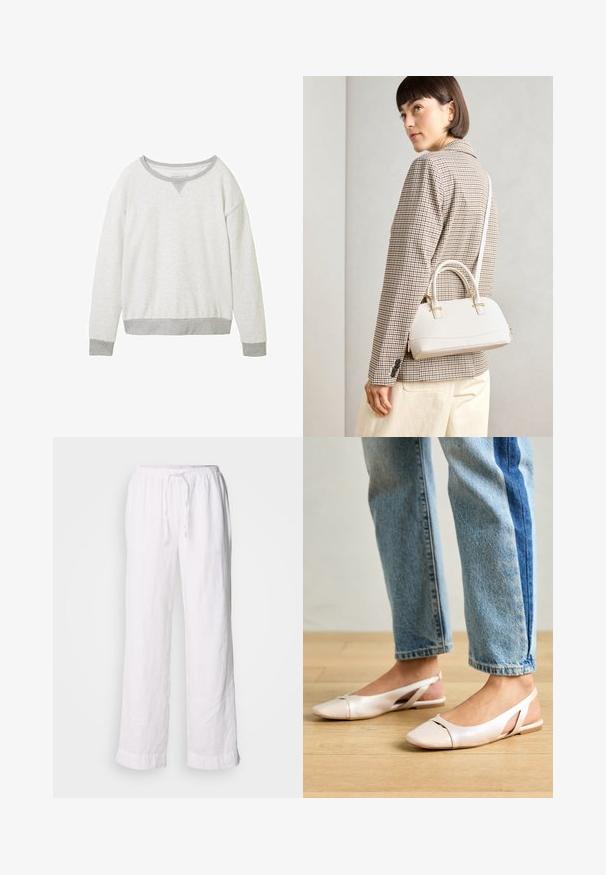 Pull léger gris clair avec un décolleté rond, des poignets gris contrastés et un accent en forme de V subtil au niveau du col. Texture douce.; Pantalons en lin blancs avec une coupe décontractée, une taille élastique et un cordon de serrage. Dotés de jambes droites et d'ourlets retroussés pour un look décontracté.; Ballerines slingback rose pâle avec un bout pointu, fabriquées en un matériau semblable au cuir lisse. Présentent des découpes sur les côtés et un talon plat.; Sac à main structuré blanc avec de courtes poignées et une bandoulière, doté de accents en métal doré et d'un matériau texturé, présenté sur un fond gris.