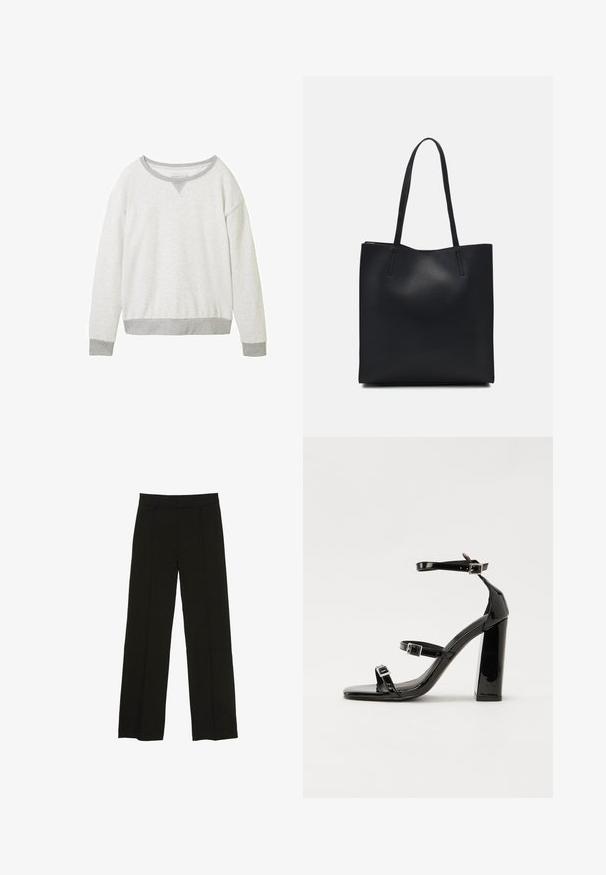 Svijetlosiva dukserica s okruglim izrezom, kontrastnim sivim manžetama i suptilnim v-oblikovanim detaljem na ovratniku. Mekana tekstura.; Crne široke hlače izrađene od glatkog materijala, s uskim pojasom i suptilnim prednjim naborima za dodatnu teksturu.; Crne lakirane sandale na pete sa kvadratnim nosom, trakama oko gležnja i srebrnim kopčama. Imaju čvrst blok petu za stabilnost.; Crna kožna torba za nošenje s glatkom teksturom, pravokutnim oblikom i dvije duge ručke. Nema vidljivih metalnih dijelova ili ukrasa.
