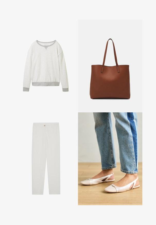 Pulover gri deschis cu guler rotund, manșete gri contrastante și un accent subtil în formă de V la guler. Textură moale.; Pantaloni albi, croiți, cu un design drept al piciorului, având sistem de închidere cu nasture, bucle pentru curea și buzunare laterale; textură de țesătură netedă.; Sandalete plate de un roz pal cu vârf ascuțit, realizate dintr-un material asemănător pielii, neted. Prezintă detalii decupate pe laterale și un toc plat.; Geantă de umăr din piele maro cu o textură netedă, design cu vârf deschis și două curele pentru umăr. Prezintă cusături minime și fără componente metalice vizibile.