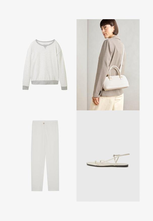 Felpa leggera di colore grigio chiaro con scollatura tonda, polsini grigi a contrasto e un sottile dettaglio a forma di V sul colletto. Texture morbida.; Pantaloni bianchi su misura con design a gamba dritta, dotati di chiusura a bottone, passanti per cintura e tasche laterali; tessuto morbido.; Sandal in beige piatta con multiple cinghie sottili e una fibbia regolabile. La suola è piatta con un leggero contrasto scuro lungo il bordo.; Borsa a mano bianca strutturata con manici corti e tracolla, dotata di dettagli in metallo dorato e materiale testurizzato, esposta su uno sfondo grigio.