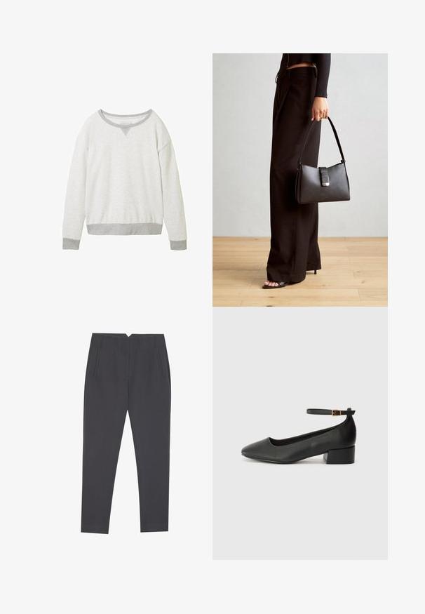 Lichtgrijze pullover sweatshirt met een ronde hals, contrasterende grijze boorden en een subtiele V-vormige accent bij de kraag. Zachte textuur.; Donkergrijze taps toelopende broeken met zijzakken en voorplooien, ontworpen voor een op maat gemaakte pasvorm.; Zwarte leren pump met een spitse neus en een lage blokhak. Beschikt over een enkelband met een goudkleurige gespsluiting. Gladde textuur.; Zwarte handtas met gestructureerde vorm, gladde textuur en een metalen sluiting. Gecombineerd met brede zwarte broeken en sandalen met open teen op een houten vloer.