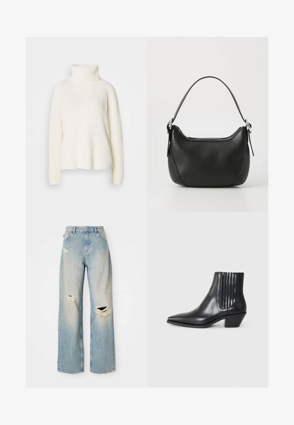 Fehér kötött garbó pulóver bordás textúrával, raglán ujjal és laza szabással. Magas nyakú és puha anyagú.; Világoskék, egyenes szabású farmernadrág, magas derekú, övhurkokkal, bal combon, jobb térden és bal lábszáron megviselt szakításokkal.; Fekete bőr bokacsizma hegyes orral, elasztikus oldalsó panelekkel, amelyek függőleges bemetszésekkel rendelkeznek, és alacsony blokk sarkú. Sima textúrájú és elegáns dizájn.; Fekete bőr kézitáska ívelt formával, ezüst cipzárral és rövid fogantyúval. Az elején diszkrét logó található, és sima tapintású.