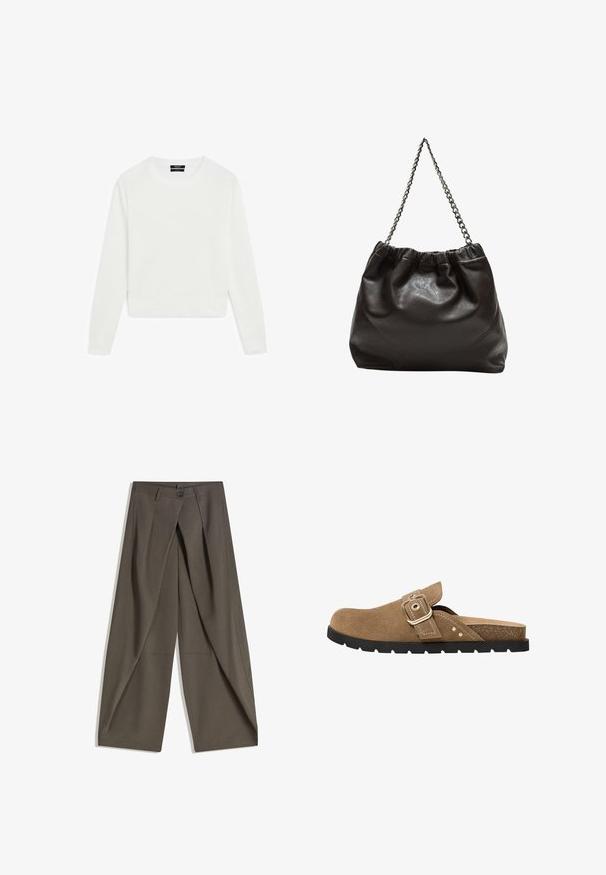 Bílý dlouhý svetr s dlouhým rukávem, zkrácený střih, měkká textura, kulatý výstřih, žebrované manžety a lem, minimalistický styl bez viditelných vzorů nebo kování.; Kalhoty s širokými nohavicemi vyrobené z texturované tkaniny tmavě šedé barvy. Obsahují přední záhyb, zapínání na knoflík a boční kapsy pro praktičnost.; Hnědé semišové kluzné sandály s kulatou špičkou, nastavitelným popruhem se sponou a textura podložkou. Mají černou gumovou podrážku s drážkami.; Hnědá kožená taška se sbíraným vrškem a řetízkovým popruhem. Hladký povrch s lesklým finišem a jemným švem na bocích.