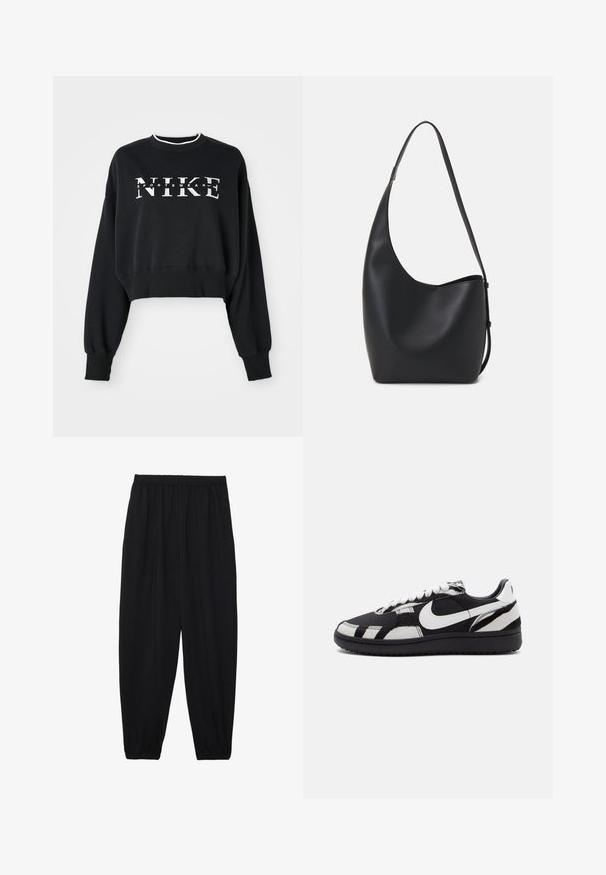 Kuttet svart hettegenser laget av bomull, med hvit trykk av "NIKE" og "SPORTSWEAR", med ribbestrikkede mansjetter og krage.; Svarte, lette bukser med elastisk liv og rynkede ankler. Stoffet er glatt og har en avslappet, innsvingt design.; Svart-hvite joggesko med teksturert overdel, med en fremtredende hvit Nike swoosh og svart yttersåle, snøring og mønstrede detaljer.; Svart lær hobo-veske med glatt tekstur, buet form og enkelt justerbart stropp; har en bred åpning på toppen.