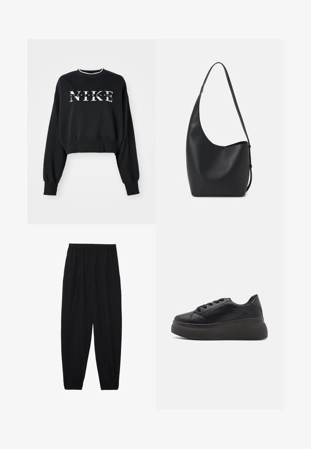 Kuttet svart hettegenser laget av bomull, med hvit trykk av "NIKE" og "SPORTSWEAR", med ribbestrikkede mansjetter og krage.; Svarte, lette bukser med elastisk liv og rynkede ankler. Stoffet er glatt og har en avslappet, innsvingt design.; Svart sneaker med en glatt, syntetisk overdel, rund tå og seks snørehull. Har en tykk, teksturert såle for grep og støtte.; Svart lær hobo-veske med glatt tekstur, buet form og enkelt justerbart stropp; har en bred åpning på toppen.