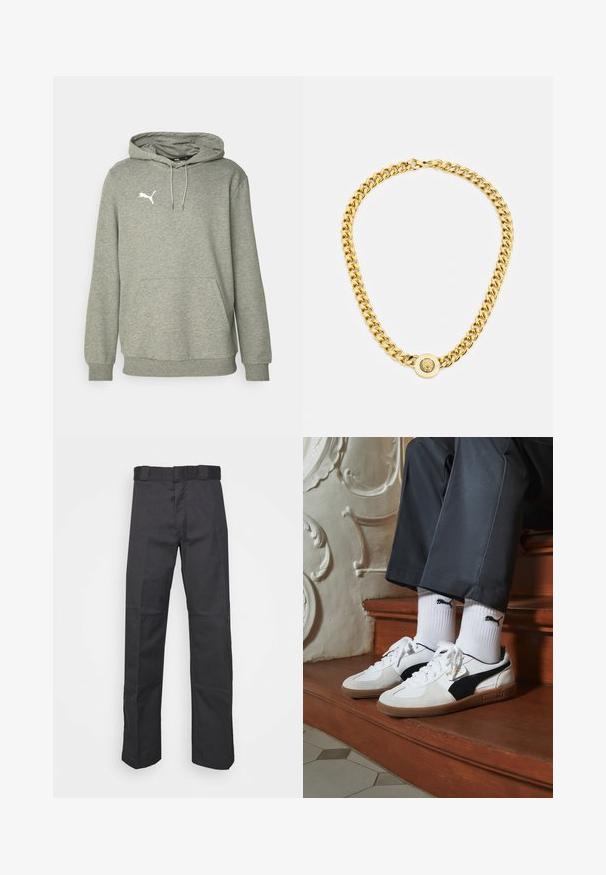 Siva bombažna kapuca z kenguru žepom, kapuco na vrvico in belim logotipom na prsih. Ima rebraste manšete in obod za boljše prileganje.; Črne hlače iz trpežnega blaga, z ravnim krojem, pasom z zankami za pas in šivi za dodano teksturo.; Puma superge v beli in črni usnjeni izvedbi, sročene s rjavim gumijastim podplatom. Usklajene z belimi nogavicami z črnim logotipom, nosijo se s temnimi hlačami.; Zlata verižica z velikimi medsebojnimi povezavami, ki ima v središču krožni obesek z izbočenim grbom.