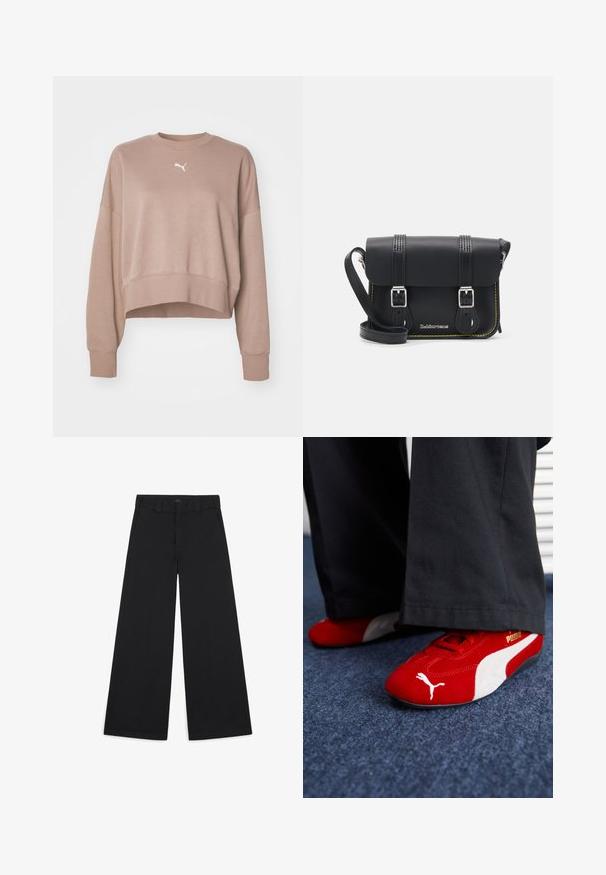 Korte sweatshirt van zacht beige stof, met een ronde halslijn, lange mouwen en een wit logo op de borst. Zachte textuur en geribde zoom.; Zwarte brede broek gemaakt van een zachte, geweven stof. Heeft persplooien, ceintuurlussen en een nette, op maat gemaakte afwerking.; Rode suède sneakers met witte accenten, met een textuurmateriaal, ronde neus en een gouden logo aan de zijkant, gedragen met zwarte broek.; Zwarte leren schoudertas met een klep, twee zilveren sluitingen, gele stiksels en een verstelbare schouderband. Beschikt over een gladde textuur en een compact ontwerp.