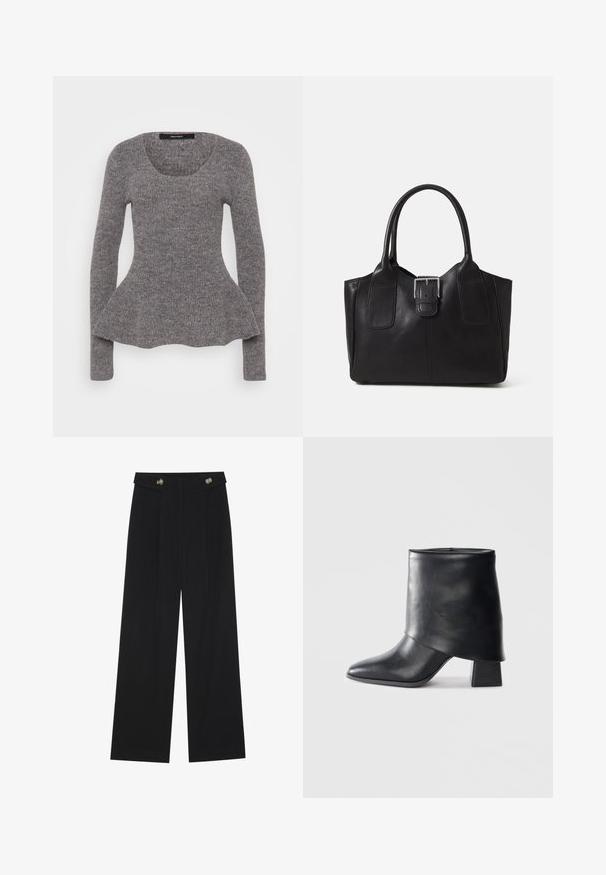 Gray sweater with a textured knit, scoop neckline, and long sleeves. Flares out at the waist, creating a peplum silhouette.; Black wide-leg trousers with high waist, button details on waistband, and front pleats.; Black leather ankle boot with a pointed toe, smooth texture, and a structured block heel. Features a high, folded cuff design.; Black leather tote bag with smooth texture, structured shape, two handles, and a prominent silver buckle detail on the front.