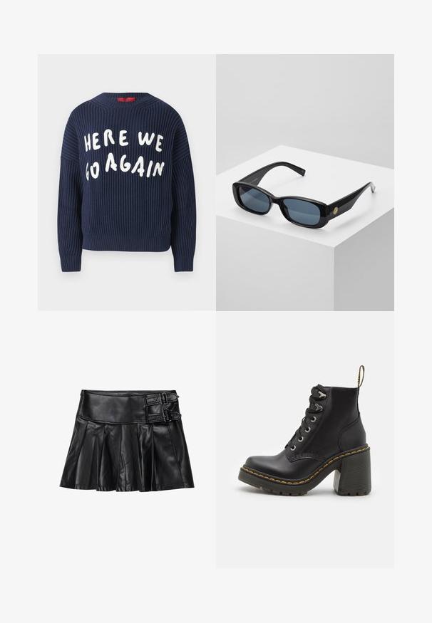 Marineblå ribstrikket sweater med brede ærmer og rund hals; har hvid tekst, der står "HER GÅR VI IGEN" på forsiden.; Sort læderskirt med pliser, bred talje og to spænde-accenter på siden. Glat tekstur med en blank finish.; Sorte læder ankelstøvler med en kraftig høj hæl, snørebånd foran, metaløjer og gule sting langs sålen. Tekstureret gummisål.; Sorte rektangulære solbriller med tonede blå linser, tykke rammer og en guldcirkelformet accent på siden. Slank, blank finish.; Burgunderfarvet håndtaske lavet af syntetisk materiale med et struktureret design, der har en aftagelig skulderrem og et blomstermønstret tørklæde bundet til håndtaget.
