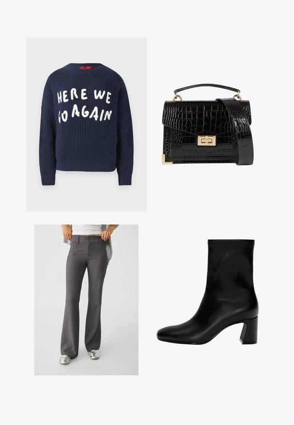 Maglione a coste navy con maniche ampie e collo rotondo; presenta una scritta bianca che recita "ECCOCI ANCORA" sulla parte anteriore.; Pantaloni grigi a zampa d'elefante realizzati in tessuto testurizzato, con chiusura a due bottoni e passanti per la cintura, abbinati a sneakers argentate lucide.; Stivaletto nero fino alla caviglia in pelle liscia. Presenta una punta quadrata, un bordo elastico e un tacco robusto per la stabilità. Design minimalista.; Borsa a tracolla nera in pelle verniciata con texture a coccodrillo, hardware dorato, manico superiore e una tracolla removibile. Forma rettangolare con chiusura a patta.