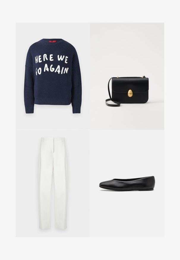 Navyfarbener, gerippter Strickpullover mit weiten Ärmeln und rundem Ausschnitt; verfügt über weiße Schriftzüge, die "HERE WE GO AGAIN" auf der Vorderseite anzeigen.; Paul Smith Stoffhose - white; Paul Smith TOPANGA - Klassischer Ballerina - black; Schwarze Lederhandtasche mit strukturierter rechteckiger Form. Verfügt über einen goldenen ovalen Verschluss und einen dünnen Schulterriemen. Glatte Textur.
