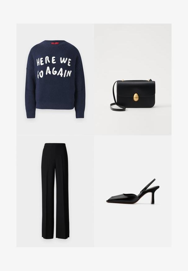 Jūras spēku elastīga adīta džentlmenmēte ar platām piedurknēm un apaļu kaklu; priekšpusē ir balta uzraksts "TE ATKAL SĀKAS".; Melni platleği bikses ar gludu tekstūru, ar augstu jostasvietu un centrālajām krokām. Nav redzamu rakstu vai aparatūras detaļu.; Melnas ādas slingback kurpes ar norādītu purngalu, minimālisma dizainu, plānu potītes jostu un elegantām stiletto papēžiem. Gluda tekstūra.; Melnas ādas rokassomu ar strukturētu taisnstūra formu. Iespējas zelta ovāla slēdzis un plāns plecu siksna. Gluda tekstūra.