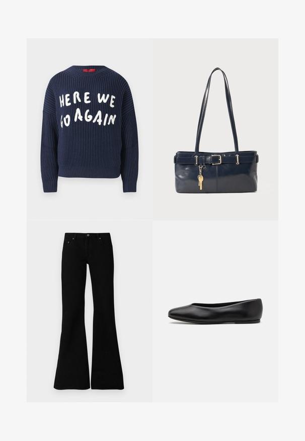 Navy ribbed knit sweater with wide sleeves and round neck; features white lettering that reads "HERE WE GO AGAIN" across the front.; Black flared jeans made from denim, featuring a classic five-pocket design, button closure, and subtle stitching details along the seams.; Paul Smith TOPANGA - Ballet pumps - black; Navy leather handbag with two long handles, a buckle detail, and a keychain attached. Features a smooth texture and a rectangular shape.