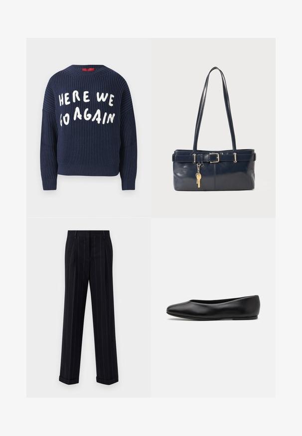 Marineblauwe ribgebreide trui met wijde mouwen en ronde hals; voorzien van witte letters die "HERE WE GO AGAIN" op de voorkant lezen.; Zwarte broek met streepjes in een getailleerde pasvorm, voorzien van een omgeslagen zoom en voorplooien. Gemaakt van een gladde stof met een gestructureerd ontwerp.; Paul Smith TOPANGA - Ballerina's - black; Marine leren handtas met twee lange hengsels, een gespdetail en een sleutelhanger eraan bevestigd. Heeft een gladde textuur en een rechthoekige vorm.