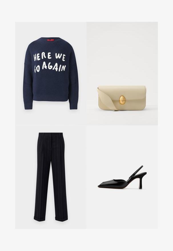 Tamsiai mėlynas raukinis megztinis su plačiomis rankovėmis ir apvaliu kaklu; priekyje yra baltos spalvos užrašas "Vėl pradedam".; Juodi smėliniai kelnes su pritaikytu siluetu, su manžetėmis ir priekinėmis klostėmis. Pagaminta iš lygaus audinio su struktūrizuotu dizainu.; Juodas odinis slingback kulnas su smailiu nosiu, minimalizmo stilius, plonas kulkšnies dirželis ir elegantiškas stiletto kulnas. Lygus paviršius.; Bežinė odinė rankinė su lygiu paviršiumi, stačiakampio formos ir auksiniu ovaliu užsegimu. Yra ilga, reguliuojama petneša.