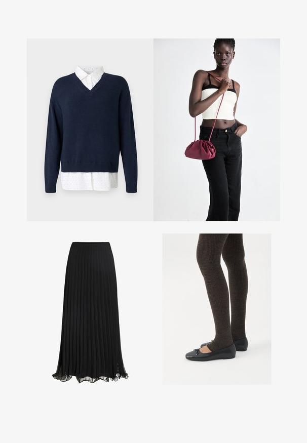 Pull en V bleu marine en tricot doux, superposé à une chemise blanche à petits pois dispersés et à col classique.; Jupe maxi plissée noire en tissu léger avec un design fluide. Comprend un ourlet volanté et une taille élastique pour le confort.; Chaussures plates noires avec un petit nœud au niveau des orteils, associées à des collants côtelés marron foncé. Les chaussures ont une texture lisse et un profil bas.; Sac à main en tissu doux bordeaux avec un design froncé et une longue sangle, porté en bandoulière. Le mannequin porte un top court blanc et un jean noir.