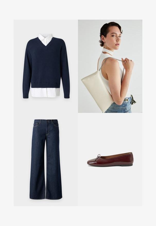 Tumedast sinine V-kaelusega sviiter pehmest kudumist, kihiliselt valge särgi kohal, millel on väikesed, hajutatud täpid ja klassikaline krae.; Laiad teksad tumesinises denimis. Omab kontrastõmblusi, viit taskut ja nupukinnitust vööl. Sile tekstuur.; Burgundi patendnahk kingad balletitüüpi, ümmarguse ninaosa, ees väike paelaaktsent ja madal must kummist tald. Sile tekstuur.; Valge ristkülikuline kotti, mis on valmistatud läikivast materjalist, hõbedase ahelsangaga. Mudel poseerib, tutvustades kotti ühtlase taustaga.