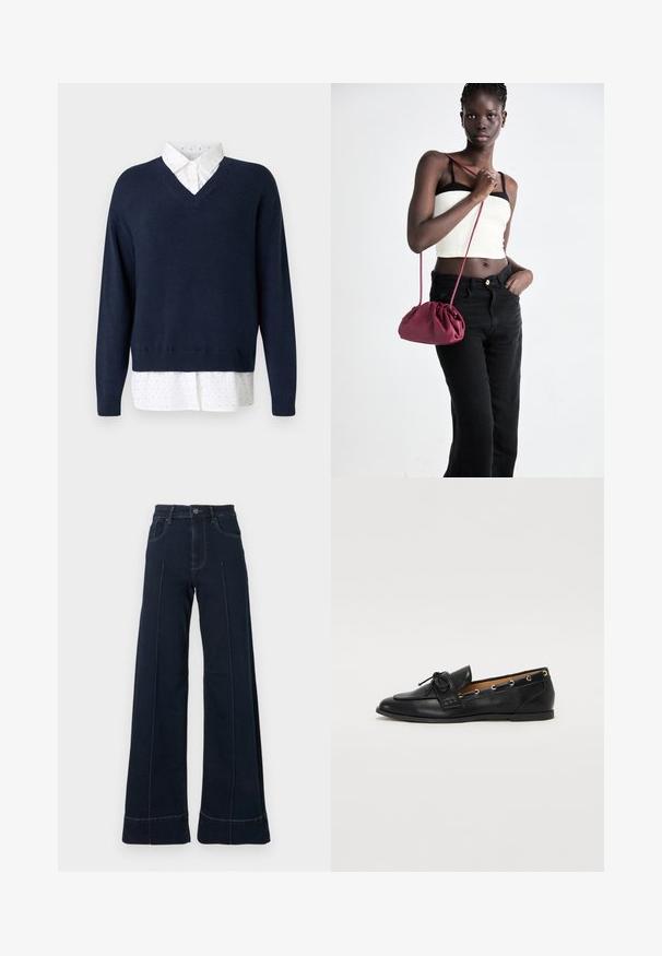 Tamsiai mėlynas v-kaklo megztinis iš minkšto žakardo, dėvimas ant baltos marškinės su mažomis, išmėtytomis taškeliais ir klasikiniu apykakle.; Tamsiai mėlynos, plačios kojų džinsinės kelnės su aukšta juosmens linija, turinčios priekinės kišenes ir akivaizdžiai matomą siuvimą. Pagamintos iš džinsinio audinio su lygiu tekstūra.; Juodi odiniai loafai su surišta mazgeliu, su auksinėmis akytėmis šoninėse dalyse ir plokščiu guminiu padu. Lygus paviršius, klasikinis dizainas.; Bordo minkštas audinys rankinukas su susiraukšlėjimu ir ilgu dirželiu, dėvimas per kūną. Modelis vilki baltą trumpą palaidinę ir juodas džinsus.