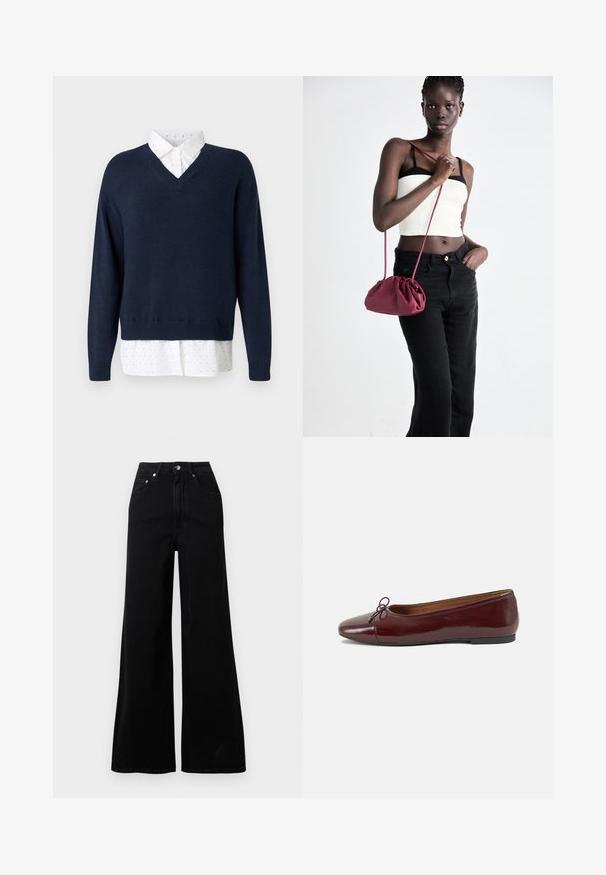 Navy blue v-neck sweater in soft knit, layered over a white shirt with small, scattered polka dots and a classic collar.; Black wide-leg jeans made from denim, featuring a high waist, five pockets, front button closure, and minimal stitching details.; Burgundy patent leather ballet flat with a rounded toe, small bow accent at the front, and a low, black rubber sole. Smooth texture.; Burgundy soft fabric handbag with a gathered design and a long strap, worn crossbody. Model wears a white crop top and black jeans.