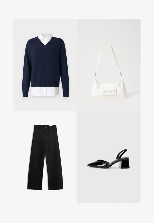Granatowy sweter w serek z miękkiego dzianiny, nałożony na białą koszulę z małymi, rozproszonymi kropkami i klasycznym kołnierzykiem.; Czarne dżinsowe spodnie o szerokich nogawkach i wysokim stanie, z przednimi i tylnymi kieszeniami, przeszyciami oraz zapięciem na guziki. Gładka struktura.; Czarne lakierowane półbuty na obcasie z wydłużonym noskiem i geometrycznym słupkiem. Charakteryzują się eleganckim, minimalistycznym designem oraz gładką fakturą.; Biała syntetyczna torba o trójkątnym kształcie, płaskim przednim klapce i detalach w postaci kokardy, regulowanym pasku, gładkiej fakturze oraz minimalistycznym designie.