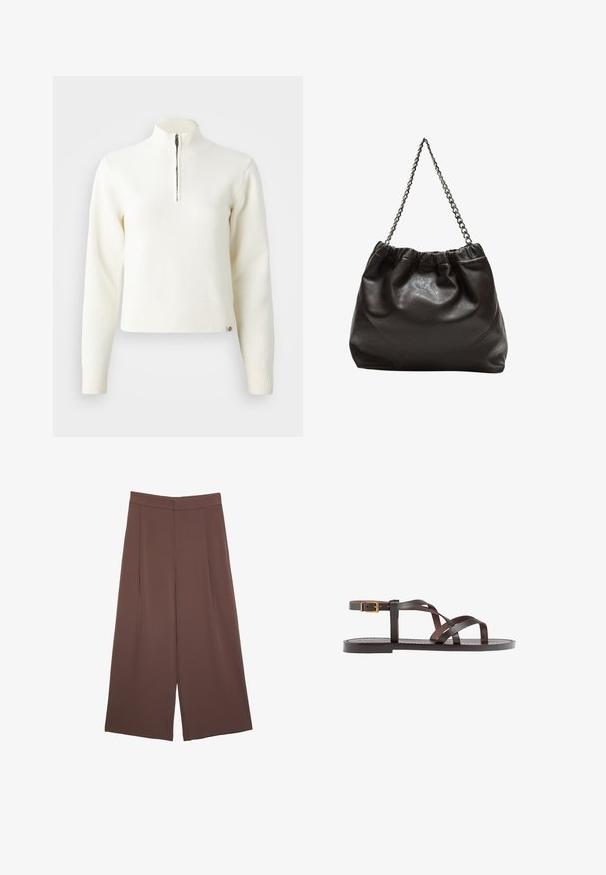 Biely sveter s dlhými rukávmi a zipsom pri krku. Vyrobený z mäkkej pleteniny, so žebrovanými manžetami a lemom. Prenikajúce logo značky na leme.; Hnedé nohavice so širokými nohavicami a hladkou textúrou, s vysokým pásom a prednými skladmi. Tkanina je ľahká a voľne sa pohybuje.; Hnedé kožené sandály s krížovými popruhmi, uzatváraním na pracku okolo členku a plochou podrážkou s minimálnymi ševmi.; Hnedá kožená taška so zberaným vrchom a reťazovým popruhom. Hladký povrch s lesklým finišom a jemným švom po stranách.