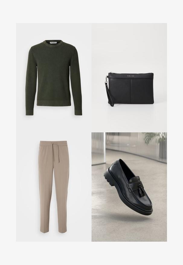 Dark green knitted sweater with a ribbed texture, crew neckline, and long sleeves. Features a neatly finished hem and cuffs.; Light beige trousers with an elastic waistband, adjustable drawstring, and tapered legs. Fabric appears smooth with a slight sheen.; Black leather loafers with a smooth finish, decorative tassel, thick rubber sole, and stitched accents. Lightweight and sleek design.; Black synthetic clutch with a zip closure, wrist strap, and a smooth texture. Features subtle stitching and a logo embossed on the front.
