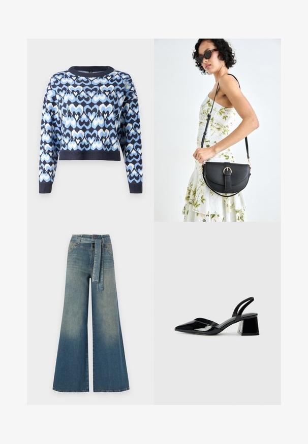Maglione blu navy con un motivo di cuori intrecciati in azzurro chiaro e bianco, stile cropped con colletto a giro e polsini a coste.; Pantaloni in denim a gamba larga con una sfumatura che va dal blu chiaro al blu scuro, vita alta, passanti per cintura e una cintura in tessuto coordinato. Finitura in denim strutturato.; Décolleté in vernice nera con punta affusolata e tacco in geometria cubica. Presentano un design elegante e minimalista, con una texture liscia.; Borsa a tracolla nera in pelle con una forma curva, manico rimovibile e accessori dorati. La borsa presenta una patta con un dettaglio a fibbia.