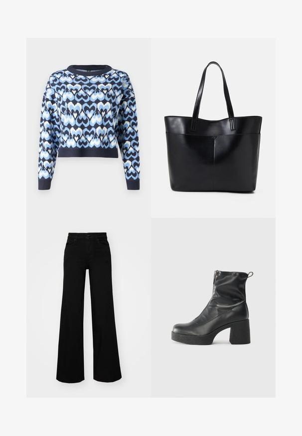 Jūras zila džemperis ar gaismas zila un baltām sirdīm, kas savijas kopā, īsā stila ar apaļu kaklu un ribotiem piedurknēm.; Melni plaša kāju bikses, izgatavotas no džinsa, ar strukturētu jostu, jostu cilpiņām un priekšējām kabatām. Gluda tekstūra ar klasisku dizainu.; Melni potītes zābaki, kas izgatavoti no gludas ādas, ar sānu rāvējslēdzēju, masīvu strukturētu papēdi un noapaļotu purngalu.; Melnas ādas iepirkumu soma ar divām garām rokturām, gludu tekstūru un strukturētu formu. Iekļauj priekšējo kabatu papildu uzglabāšanai.