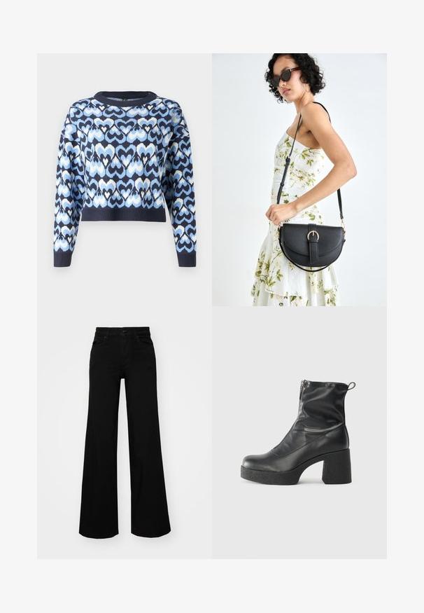 Suéter de color azul marino con un patrón de corazones entrelazados en azul claro y blanco, de estilo corto con cuello redondo y puños acanalados.; Pantalones de mezclilla de pierna ancha y color negro, con una cinturilla estructurada, pasadores para cinturón y bolsillos frontales. Textura suave con un diseño clásico.; Botines negros de tobillo, hechos de cuero suave, con cierre lateral, tacón grueso texturizado y diseño de punta redondeada.; Bolso de piel negra con forma curva, correa desmontable y herrajes dorados. El bolso cuenta con una solapa con un detalle de hebilla.