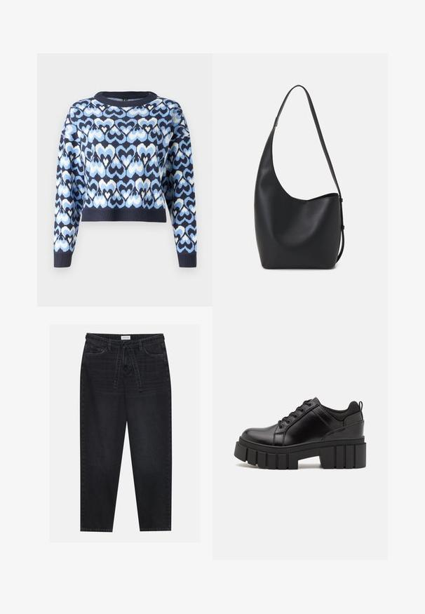 Marineblauer Pullover mit einem Muster aus ineinandergreifenden Herzen in Hellblau und Weiß, im verkürzten Stil mit Rundhalsausschnitt und gerippten Bündchen.; Schwarze Denim-Hosen mit lässiger Passform, ausgestattet mit einem Kordelzug am Bund und fünf Taschen. Glatte Textur mit minimaler Ausbleichung und kontrastierenden Nähten.; Schwarze Lederplateauschuhe mit klobigem Blockabsatz, runder Zehenpartie und traditionellem Schnürdesign. Verfügt über eine glatte Textur und minimale Details.; Schwarze Leder-Hobo-Tasche mit einer glatten Textur, geschwungener Form und einem einzelnen verstellbaren Tragegurt; verfügt über eine weite Öffnung am oberen Ende.