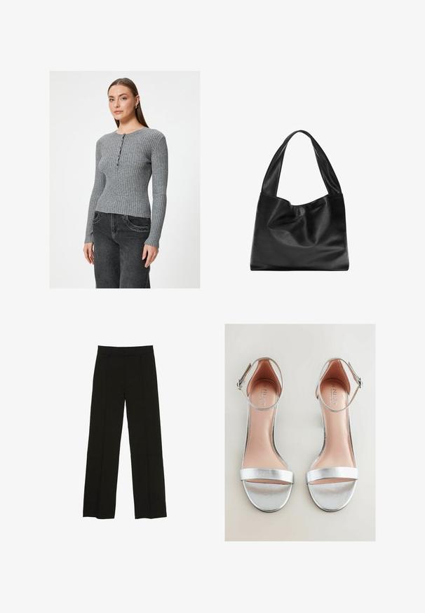 Maglione grigio a coste con collo rotondo e dettagli a bottoni, con maniche lunghe e vita aderente. Abbinato a jeans scuri.; Pantaloni neri a gamba larga realizzati in un tessuto morbido, con una vita aderente e sottili pieghe frontali per un tocco di consistenza.; Sandali alti argento con finitura metallica, cinturino alla caviglia elegante e ampia fascia frontale. Suola leggermente imbottita con logo del marchio.; Borsa tote in pelle nera con un design morbido e floscio, manici larghi e una texture liscia. Nessun hardware o decorazione visibile.