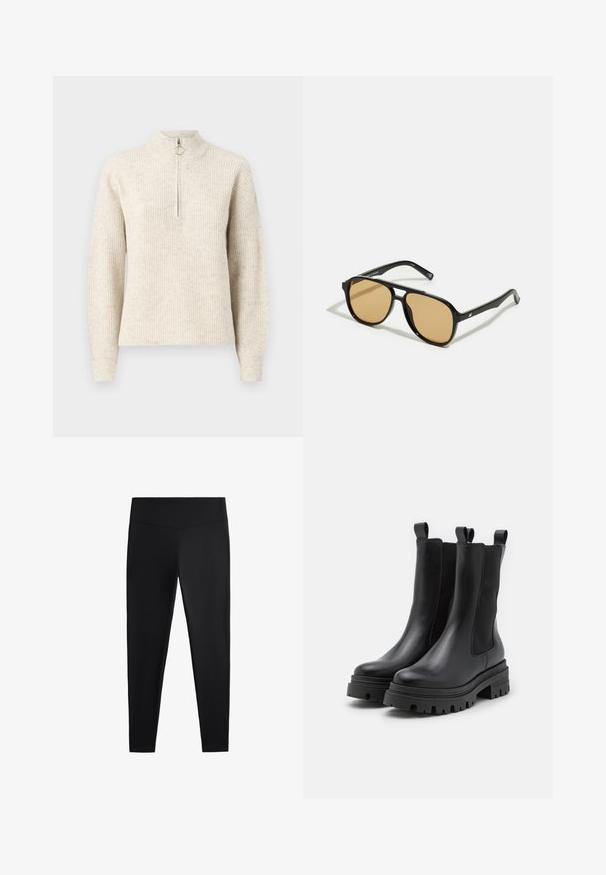 Light beige ribbed sweater with a high collar, quarter zip closure, and long sleeves. Soft texture with a subtle pattern.; White cotton t-shirt with short sleeves, crew neckline, and straight hem. Smooth texture, minimalistic design without patterns or accents.; Black leggings made of smooth, stretchy fabric. Features a wide waistband and tapered leg design, suitable for active or casual wear.; Black leather ankle boots with elastic side panels and pull tabs. Chunky rubber soles with deep tread patterns for added traction.; Black sunglasses with brown tinted lenses; rectangular shape with a thick frame, including subtle hardware accents on the temples.