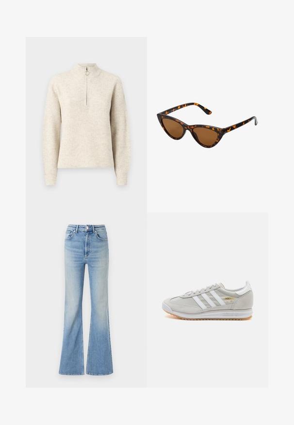 Šviesiai smėlinis, raukšlėtas megztinis su aukštu apykakle, ketvirčio užtrauktuku ir ilgomis rankovėmis. Minkšta tekstūra su subtiliu raštu.; Šviesiai mėlyni plačios kojų džinsai, pagaminti iš džinsinio audinio, su aukštu liemeniu, penkių kišenių dizainu ir subtiliu gradientiniu blukimu link apačios.; Šviesiai pilki sportbačiai, pagaminti iš zomšos ir tinklinės medžiagos, su trimis baltais dryžiais, apvaliu pirštu ir guma padu. Auksinė logotipo detalė šalia raištelių.; Katės akies saulės akiniai su juodu ir oranžiniu šarvuotu rėmeliu, ruda objektyvu ir elegantiškais, smailiais galiukais. Rėmelyje yra minimalus logotipas ant šventės.