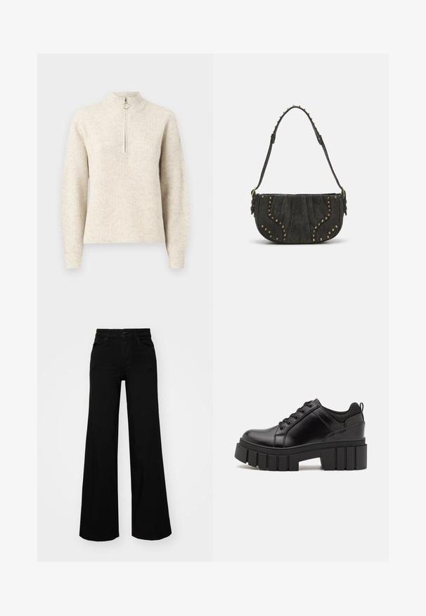 Helle beiger, gerippter Pullover mit hohem Kragen, Viertelreißverschluss und langen Ärmeln. Weiche Textur mit einem schlichten Muster.; Schwarze weit geschnittene Hose aus Denim, mit einem strukturierten Bund, Gürtelschlaufen und Fronttaschen. Glatte Textur mit klassischem Design.; Schwarze Lederplateauschuhe mit klobigem Blockabsatz, runder Zehenpartie und traditionellem Schnürdesign. Verfügt über eine glatte Textur und minimale Details.; Schwarze Wildleder-Handtasche mit gewölbtem Design, verziert mit Nietenakzenten und einer strukturierten Oberfläche. Verstellbarer Tragegurt mit Nieten entlang des Randes.