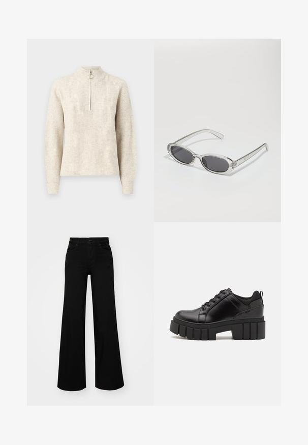 Lichtbeige geribde trui met een hoge kraag, kwart ritsluiting en lange mouwen. Zachte textuur met een subtiel patroon.; Zwarte wijdvallende broek van denim, met een gestructureerde tailleband, riemlussen en voorzakken. Glad van textuur met een klassiek ontwerp.; Zwarte leren platform schoenen met een stevige blokhak, ronde neus en een traditionele vetersluiting. Kenmerkt zich door een gladde textuur en minimale details.; Zonnebril met een ovale vorm, helder plastic montuur, donkergrijze glazen en dunne transparante pootjes met logo-accenten en minimale details.