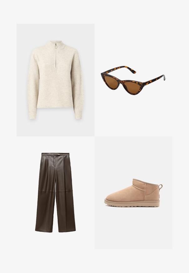 Suéter acanalado de color beige claro con un alto cuello, cierre de cremallera de cuarto y mangas largas. Textura suave con un patrón sutil.; Pantalones de piel marrón de pierna ancha con una textura suave, que cuentan con pliegues en la parte delantera y un diseño clásico de cinturilla.; Botín de ante color marrón claro con punta redondeada, textura suave, diseño simple y suela de goma de perfil bajo. Presenta una lengüeta en la parte posterior.; Gafas de sol estilo ojo de gato con montura de carey negra y naranja, lentes marrones y puntas elegantes y afiladas. Presenta un logo minimalista en la patilla.; Bolso cruzado de ante marrón con un acabado texturizado, un acento de cadena dorada y una correa de cuero ajustable. Cuenta con un cierre de cremallera.