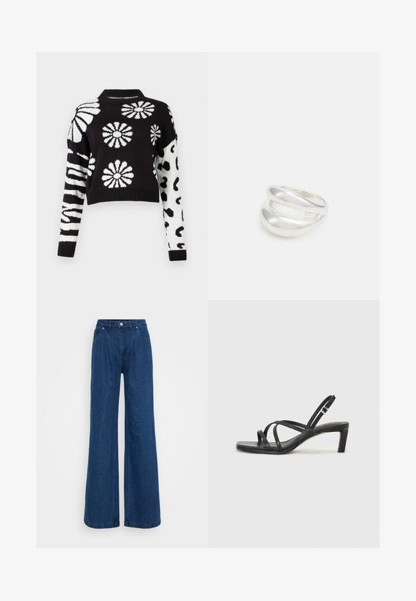 Schwarzer und weißer, taillierter Pullover mit floralem und tierischem Muster, mit gerippten Bündchen und Kragen, aus einem weichen Strickmaterial gefertigt.; Weite blaue Jeans mit hoher Taille, vorderem Knopf- und Reißverschlussverschluss sowie Vorder- und Hintertaschen vor einem schlichten Hintergrund.; Schwarze Sandale mit Riemchen, quadratischer Zehenform und niedrigem Blockabsatz. Verfügt über mehrere dünne Riemen und einen verstellbaren Knöchelriemen. Hergestellt aus glattem Leder.; Silberner Doppelring mit einer glatten, polierten Oberfläche. Verfügt über ein fließendes, kurviges Design mit überlappenden Abschnitten für einen modernen Look.