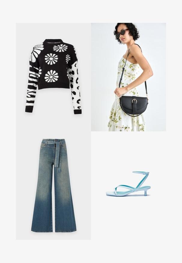 Maglione cropped in bianco e nero con motivi floreali e animali, con polsini e colletto a coste, realizzato in un morbido materiale a maglia.; Pantaloni in denim a gamba larga con una sfumatura che va dal blu chiaro al blu scuro, vita alta, passanti per cintura e una cintura in tessuto coordinato. Finitura in denim strutturato.; Sandalini azzurri con cinturini, punta quadrata, tacco basso, cinturino alla caviglia regolabile e finitura liscia e lucida. Cinturini incrociati sulla suola.; Borsa a tracolla nera in pelle con una forma curva, manico rimovibile e accessori dorati. La borsa presenta una patta con un dettaglio a fibbia.
