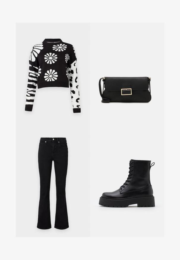Czarny i biały sweter w kroju oversize, zdobiony kwiatowymi i zwierzęcymi wzorami, z prążkowanymi mankietami i dekoltem, wykonany z miękkiego materiału dzianinowego.; Czarne jeansy o rozszerzających się nogawkach, wykonane z denimu, z średnim stanem, przednimi kieszeniami i zapięciem na guzik. Gładka tekstura z minimalnymi detalami ściegów.; Czarne skórzane botki za kostkę z okrągłym noskiem, sznurówką z przodu i grubą gumową podeszwą z teksturowanym bieżnikiem. Pętelka do zakładania z tyłu.; Czarna skórzana torebka kopertowa z klapką i detalem w postaci złotej metalowej klamry. Zawiera czarny pasek oraz elegancki, minimalistyczny design.