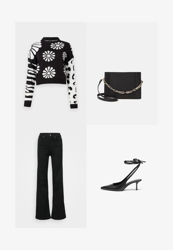 Juoda ir balta trumpa megztinis su gėlėmis ir gyvūnų raštais, su susiraukšlėjusiomis rankovėmis ir kaklu, pagamintas iš minkštos mezginio medžiagos.; Juodos plačios džinsinės kelnės, pagamintos iš denimo, su aukštu liemeniu, penkiomis kišenėmis ir metaliniu sagčių uždarymu. Lygi tekstūra su minimaliu dekoravimu.; Juodas odinis stiletto batelis su smailiu nosiu, atvira nugara ir užrištomis kulkšnies juostelėmis. Plonas 3 colių kulnas. Lygi tekstūra, minimalistinis dizainas.; Juodas odinis per petį nešiojamas krepšys turi lygų paviršių, stačiakampio formą ir metalinę grandinėlę priekyje. Pridedama reguliuojama dirželis.