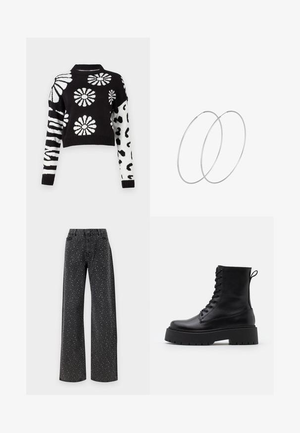Maglione cropped in bianco e nero con motivi floreali e animali, con polsini e colletto a coste, realizzato in un morbido materiale a maglia.; Noisy May NMJANNEL LOOSE - Jeans baggy - black denim; Stivaletti in pelle nera alla caviglia con punta rotonda, lace-up frontale e suola in gomma spessa con battistrada textured. Tassello sul retro.; Orecchini a cerchio in argento con un design minimalista. Forma circolare, superficie liscia e profilo sottile. Leggeri con una finitura lucida.