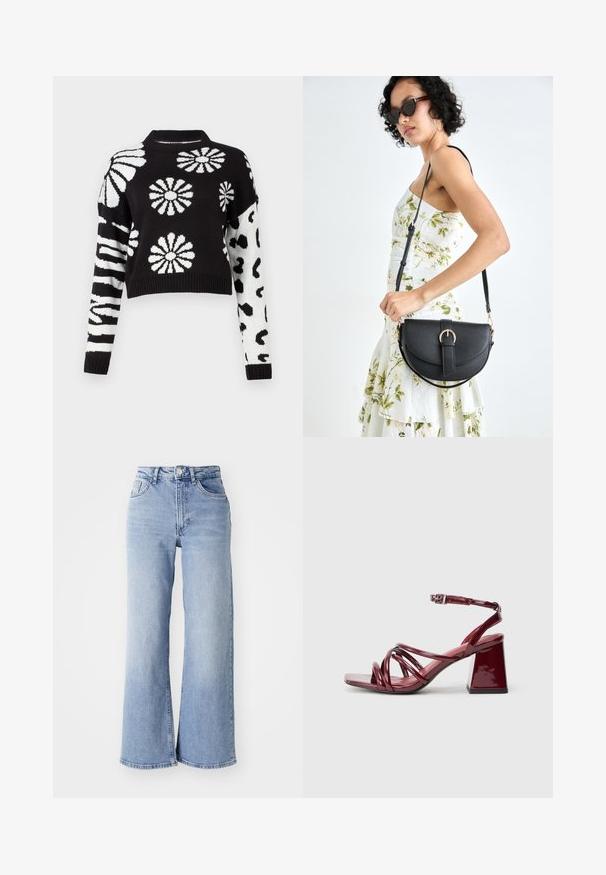 Pull en noir et blanc à coupe courte, orné de motifs floraux et animaliers, avec des poignets et un col côtelés, fabriqué à partir d'un matériau tricoté doux.; Jean à taille haute, large et bleu clair, avec poches avant et arrière, fermeture à bouton et nuances subtiles d'usure sur les cuisses et les ourlets.; Sandales à talons en vernis bordeaux avec un bout carré, dotées de plusieurs brides entrelacées et d'un talon bloc épais. Bride de cheville ajustable.; Sac à main en cuir noir avec une forme courbée, bandoulière amovible et des accessoires en or. Le sac est doté d'un rabat avec un détail de boucle.