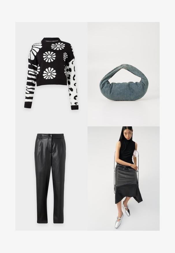 Černobílý zkrácený svetr s květinovými a zvířecími vzory, s vroubkovanými manžetami a límcem, vyrobený z jemného pleteného materiálu.; Černé kožené kalhoty s hladkou texturou, rovným střihem, elastickým pasem a zapínáním na knoflík vpředu; s plisovanými detaily a zúženými nohavicemi.; Černý top bez rukávů, štíhlá černá kožená sukně s vlnitým lemem a lesklé stříbrné boty s výřezovým designem a detaily přezky.; Modrá denimová taška s polstrovaným, zaobleným tvarem a křivou rukojetí. Textura je měkká, s viditelným šitím a hladkým povrchem.