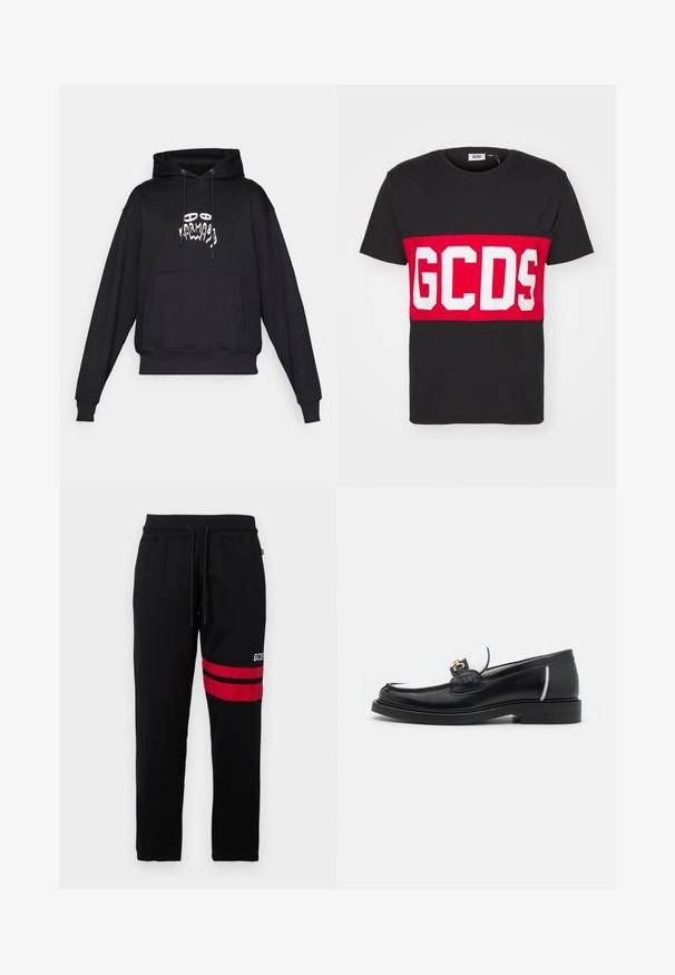 Felpa nera con tasca anteriore, cappuccio con cordino e grafica astratta bianca di un volto e una mano al centro del petto.; GCDS BAND LOGO REGULAR - T-shirt con stampa - black; Pantaloni sportivi neri con strisce rosse a contrasto e logo sul lato. Presentano una vita elastica con cordino e polsini alla caviglia a punta.; Mocassino in pelle nera con punta arrotondata, accenti bianchi e dettagli in oro sulla parte anteriore. Presenta un patch testurizzato e un tacco impilato.