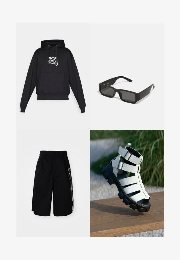 Black hoodie with front pouch pocket, drawstring hood, and white abstract face and hand graphic centered on the chest.; Black cotton shorts featuring a relaxed fit, straight legs, and a unique white graphic print on one side. Double belt loops at waistband.; White strappy sandals with double buckle accents, a chunky black sole, and open toe design. Surface texture is smooth with a matte finish.; Black sunglasses with rectangular lenses, matte plastic frame, and straight edges. Features brand logo on the inner arm.