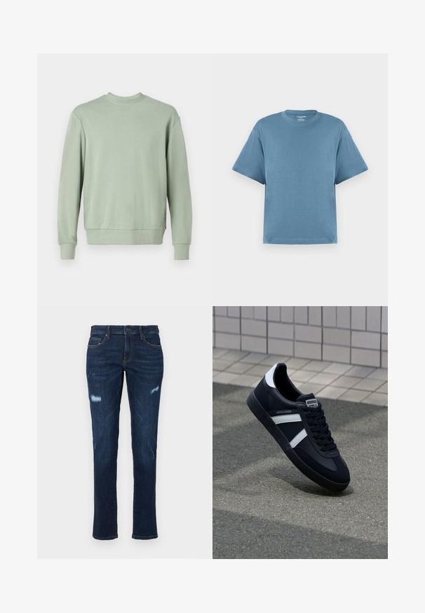Roheline ümar kaelusega sviiter pehme kangaga, pikade varrukatega, ribakäistega ja vabalt lõigatud. Lihtne disain ilma mustrite või aksessuaarideta.; Sinine lühikeste varrukatega t-särk, valmistatud puuvillast, ümarate kaelustega ja lõdva istuvusega. Sile tekstuur, minimalistlik disain, ilma mustrite või aktsentideta.; Tumedas sinises denimist teksad sirge lõikega, millel on reie juures kulunud augud, traditsioonilised taskud ja nähtavad vastandvärvi õmblused.; Must have musta sneaker musta valgete triipudega, tekstuurne kummitald ja nööridega esiosa. Omab bränditud märki keele peal.