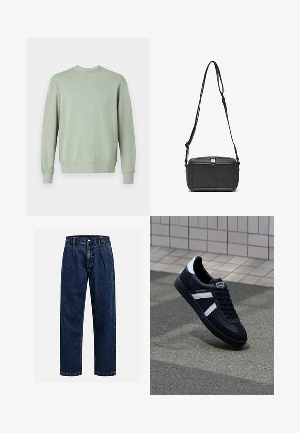 Groen sweatshirt met ronde hals, gemaakt van zachte stof, met lange mouwen, geribbelde manchetten en een ontspannen fit. Eenvoudig ontwerp zonder patronen of accenten.; Donkerblauwe denim jeans met een rechtlopende pasvorm. Beschikt over zichtbare stiksels, een knoopsluiting en voorste plooien voor extra detail.; Zwarte leren sneaker met witte strepen, een gestructureerde rubberen zool en vetersluiting aan de voorkant. Voorzien van een merklabel op de tong.; Zwarte leren schoudertas met een ritssluiting, reliëflogo aan de voorkant en een verstelbare schouderriem. Gladde textuur met een rechthoekige vorm.