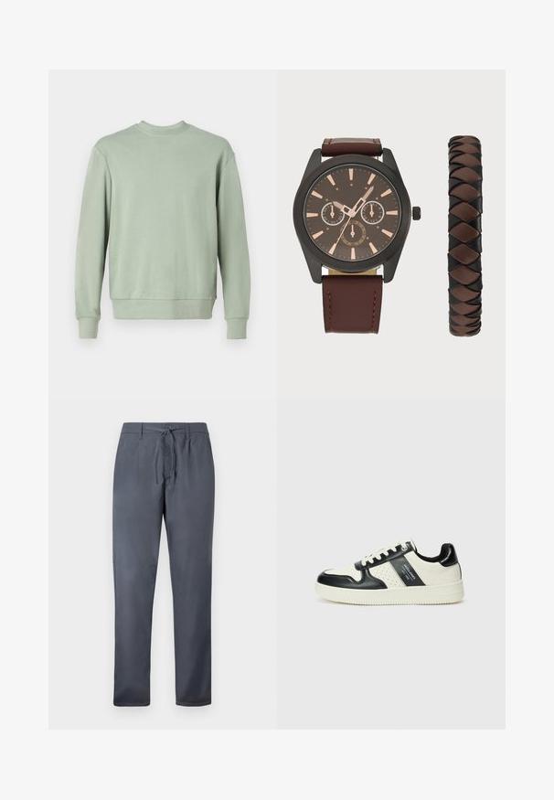 Zaļa crewneck džemperis, izgatavots no mīksta auduma ar garām piedurknēm, ribotām aprocēm un brīvu piegriezumu. Vienkāršs dizains bez faktūrām vai akcentiem.; Pelēki bikses, kas izgatavotas no gludas auduma, ar šņorēšanas aizdari un sānu kabatām. Taisnas kājas forma ar tīru apdari.; Ādas sporta apavi ar melnbaltu krāsu shēmu, ar perforētiem akcentiem, mīkstinātu apkakli un teksturētu zoli.; Pier One SET - Pulkstenis - black/brown