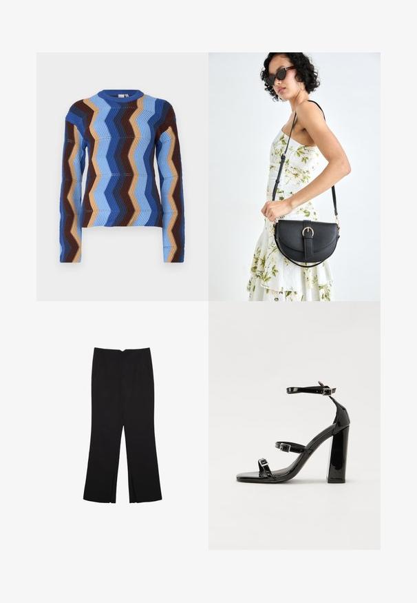 YAS YASZIGSTA - Strickpullover - vista blue; Schwarze Hose mit geradem Schnitt, ausgestattet mit Fronttaschen und Seitenschlitzen am Saum. Hergestellt aus weichem, glattem Stoff. Geeignet für verschiedene Anlässe.; Schwarze patentierte Sandalen mit Absatz, quadratischer Spitze, Knöchelriemen und silbernen Schnallen. Mit einem stabilen Blockabsatz für mehr Stabilität.; Schwarze Lederhandtasche mit geschwungener Form, abnehmbarem Tragegurt und goldenen Beschlägen. Die Tasche verfügt über einen Deckel mit einer Schnallen-Details.