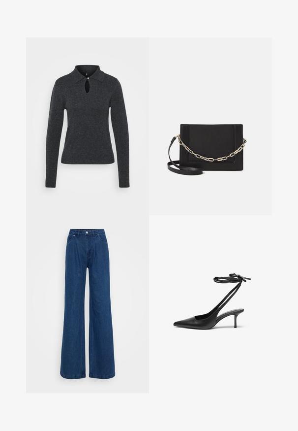 Tamno siva pletena sweatshirt s ovratnikom, dugim rukavima i otvorom u obliku ključa na izrezu, s malim detaljem gumba.; Široke plave traperice s visokim strukom, prednjim dugmetom i patent-zatvaračem, te prednjim i stražnjim džepovima na jednobojnoj pozadini.; Crne kožne štikle s šiljastim vrhom, otvorenim leđima i remenčićima koji su vezani u mašnu. Tanak potplat visine 7,5 cm. Glatka tekstura, minimalistički dizajn.; Crna kožna torba preko tijela s glatkom teksturom, pravokutnim oblikom i metalnim lancem na prednjoj strani. Uključena je podesiva naramenica.; Srebrna dvostruka prsten s glatkom, poliranom površinom. Karakterizira ga fluidan, zakrivljen dizajn s preklapajućim sekcijama za moderan izgled.